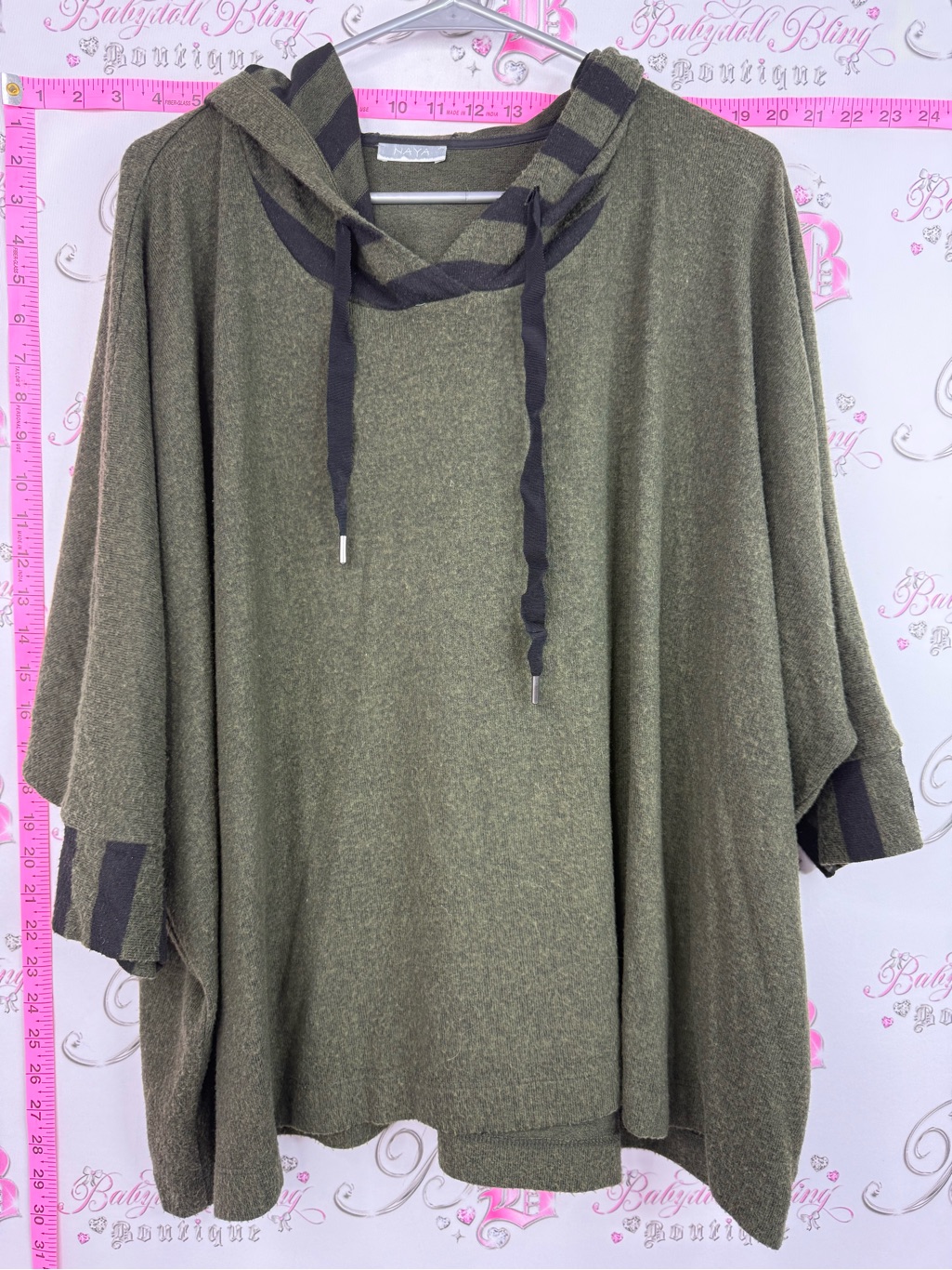Naya Sweater Poncho Style Olive Green Hooded Poncho With Black Trim